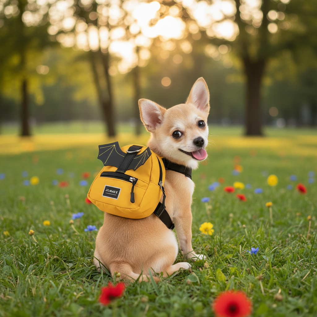 Chihuahua con arnés murciélago amarillo en parque