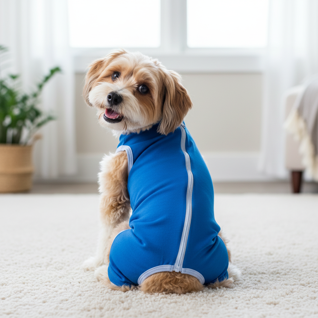 Perrito macho alegre con faja azul de espaldas